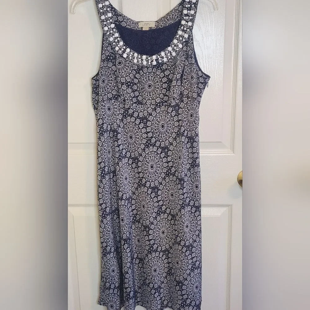 LOFT Blue White 14 Embellished 100% SILK Lined Floral Print Slvlss Women Dress